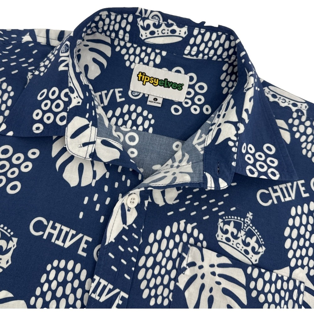 Tipsy Elves Shirt Men L Button Up Blue Chive On Tropical Hawaiian Party